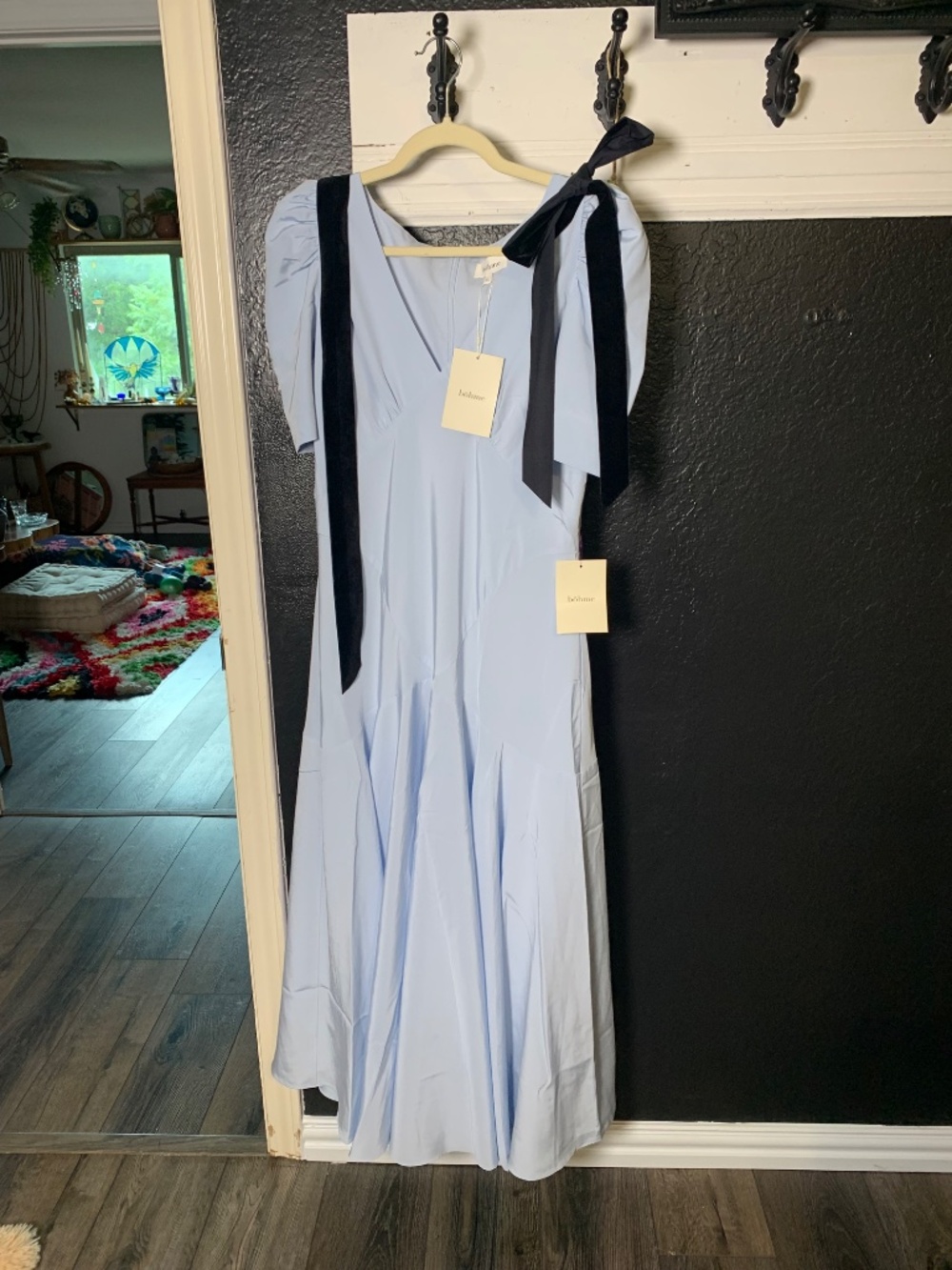 Bohme blue dress NWT - sold out sz XL black velvet bows shoulders (removable) - Picture 4 of 15